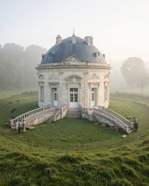 Rendu IA : La maison sphérique de Ledoux, Maupertuis